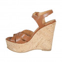 Sandalia para mujer en piel cognac con plataforma, cinturon y cuña 12 - Tallas disponibles:  32, 34, 43