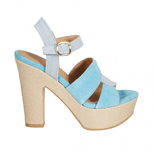 Woman's strap sandal with platform in light blue and blue suede heel 12 - Available sizes:  33, 34, 42, 43, 44