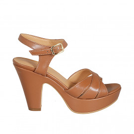 Woman's strap sandal with platform in cognac brown leather heel 9 - Available sizes:  31, 32