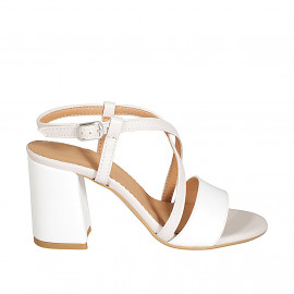 Sandalia para mujer con cinturon cruzado en piel blanca y rosa tacon 7 - Tallas disponibles:  34, 42, 43, 44, 45, 46