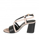 Sandalia para mujer con cinturon cruzado en piel negra y rosa tacon 7 - Tallas disponibles:  32, 33, 34, 43, 44, 45