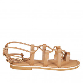 Sandalia de dedo en estilo gladiador para mujer en piel cognac tacon 1 - Tallas disponibles:  32, 34, 43