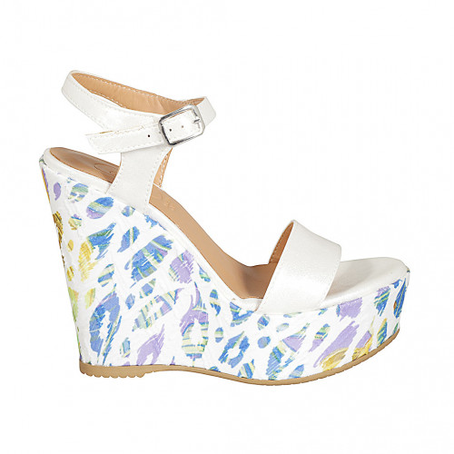 Woman's strap sandal with platform in white laminated leather and multicolored printed wedge heel 12 - Available sizes:  43