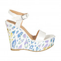 Woman's strap sandal with platform in white laminated leather and multicolored printed wedge heel 12 - Available sizes:  43