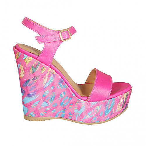 Woman's strap sandal with platform in fuchsia leather and multicolored printed wedge heel 12 - Available sizes:  43