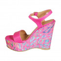 Woman's strap sandal with platform in fuchsia leather and multicolored printed wedge heel 12 - Available sizes:  43