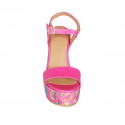 Woman's strap sandal with platform in fuchsia leather and multicolored printed wedge heel 12 - Available sizes:  43