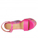 Woman's strap sandal with platform in fuchsia leather and multicolored printed wedge heel 12 - Available sizes:  43