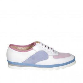 Woman's laced shoe in white leather and light blue and pink suede wedge heel 2 - Available sizes:  33, 34, 42, 43, 44, 45