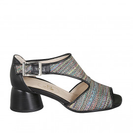 Woman's open shoe with boucle in black leather and multicolored braided fabric heel 5 - Available sizes:  33, 34, 43, 44, 45