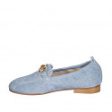 Woman's mocassin with bamboo accessory and elastic band in light blue denim-like suede heel 2 - Available sizes:  33, 34, 42, 43, 44, 45, 46