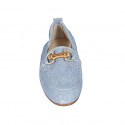 Woman's mocassin with bamboo accessory and elastic band in light blue denim-like suede heel 2 - Available sizes:  33, 34, 42, 43, 44, 45, 46