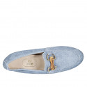 Woman's mocassin with bamboo accessory and elastic band in light blue denim-like suede heel 2 - Available sizes:  33, 34, 42, 43, 44, 45, 46