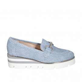 Woman's mocassin with accessory in light blue denim fabric wedge heel 4 - Available sizes:  42, 46