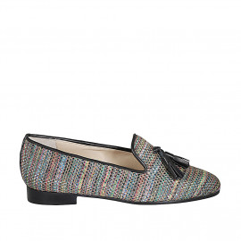 Woman's mocassin shoe with tassels in black leather and multicolored braided fabric heel 2 - Available sizes:  42, 44, 46