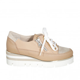 Woman's laced shoe with zipper in beige leather and platinum laminated printed leather wedge heel 4 - Available sizes:  42, 43, 44