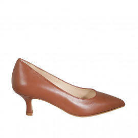 Women's pointy pump in cognac brown leather heel 5 - Available sizes:  42