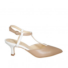 Chaussure ouverte au talon à bout pointu pour femmes avec courroie en cuir beige et blanc avec talon 6 - Pointures disponibles:  42, 43