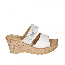 Woman's mules with velcro strap in white leather and white suede with printed silver dots with platform and wedge heel 7 - Available sizes:  34