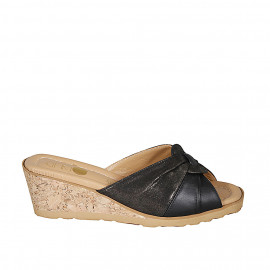 Woman's mule in black leather and printed dark bronze suede wedge heel 6 - Available sizes:  34