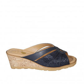 Woman's mule in blue leather and blue dots printed suede wedge heel 6 - Available sizes:  42, 43, 44