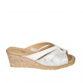 Woman's mule in white leather and white suede with silver printed dots wedge heel 6 - Available sizes:  42, 43, 44, 45