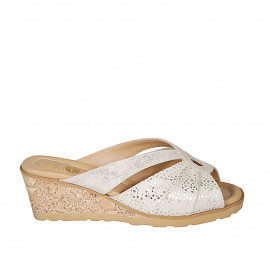 Woman's mule in laminated platinum leather and beige suede with platinum printed dots wedge heel 6 - Available sizes:  42, 43, 44, 45