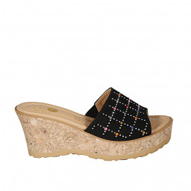 Woman's mules in black suede with multicolored rhinestones platform and wedge heel 7 - Available sizes:  31