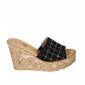 Woman's mules in black suede with multicolored rhinestones platform and wedge heel 9 - Available sizes:  33, 34