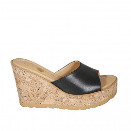 Woman's mules in black leather platform and wedge heel 9 - Available sizes:  33