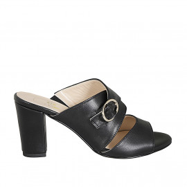 Woman's mules with buckle in black leather heel 8 - Available sizes:  32, 33, 42