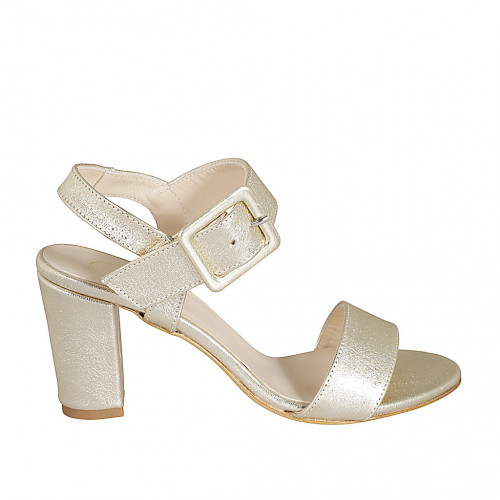 Woman's sandal with buckle in platinum laminated leather heel 8 - Available sizes:  32