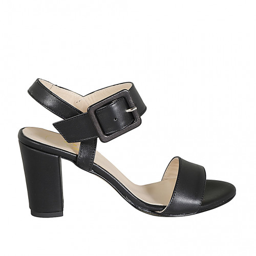 Woman's sandal with buckle in black leather heel 8 - Available sizes:  32, 33