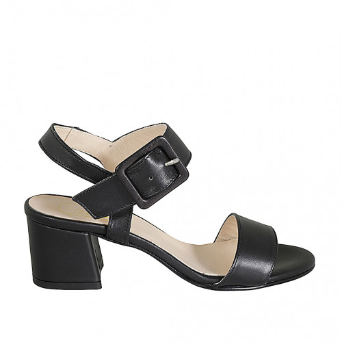 Woman's sandal with buckle in black leather heel 5 - Available sizes:  33, 44