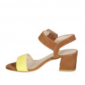 Woman's strap sandal in cognac brown and yellow suede heel 5 - Available sizes:  34