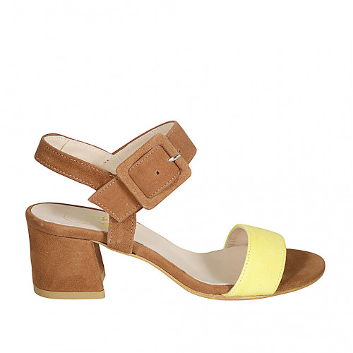 Woman's strap sandal in cognac brown and yellow suede heel 5 - Available sizes:  34