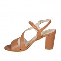 Woman's sandal with elastic band in cognac brown leather heel 8 - Available sizes:  42, 43, 45