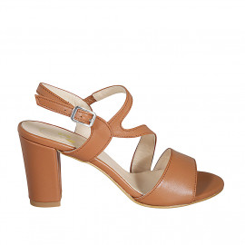 Woman's sandal with elastic band in cognac brown leather heel 8 - Available sizes:  42, 43, 45