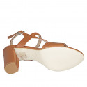 Woman's sandal with elastic band in cognac brown leather heel 8 - Available sizes:  42, 43, 45