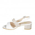 Woman's sandal in white leather and platinum laminated leather heel 5 - Available sizes:  32, 42, 43, 44, 45