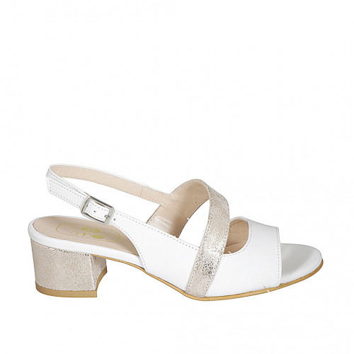 Woman's sandal in white leather and platinum laminated leather heel 5 - Available sizes:  32, 42, 43, 44, 45