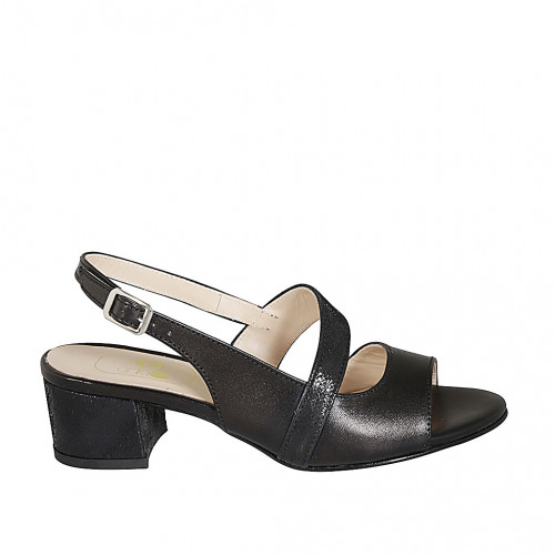 Woman's sandal in black leather and laminated leather heel 5 - Available sizes:  32, 33, 44, 45