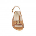 Woman's sandal with accessory in cognac brown leather and copper laminated printed patent leather heel 5 - Available sizes:  32, 34, 42, 43, 44, 45