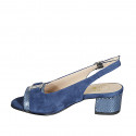 Woman's sandal with accessory in blue suede and laminated printed patent leather heel 5 - Available sizes:  32, 34, 42, 43, 44, 45