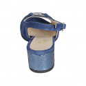 Woman's sandal with accessory in blue suede and laminated printed patent leather heel 5 - Available sizes:  32, 34, 42, 43, 44, 45