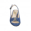 Woman's sandal with accessory in blue suede and laminated printed patent leather heel 5 - Available sizes:  32, 34, 42, 43, 44, 45