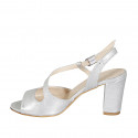 Woman's sandal in silver-colored laminated lether heel 8 - Available sizes:  33, 34