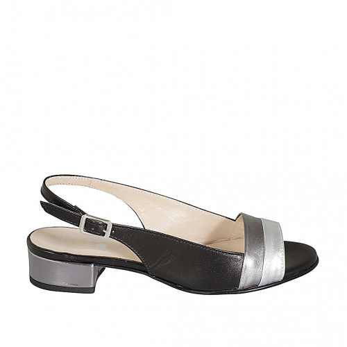 Sandale pour femmes en cuir noir et lamé gris et argent talon 3 - Pointures disponibles:  33, 34, 42, 44, 45