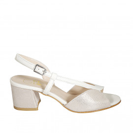 Sandale pour femmes en cuir blanc et daim imprimé lamé platine talon 5 - Pointures disponibles:  32