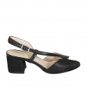 Woman's sandal in black leather and laminated printed suede heel 5 - Available sizes:  32, 33, 34